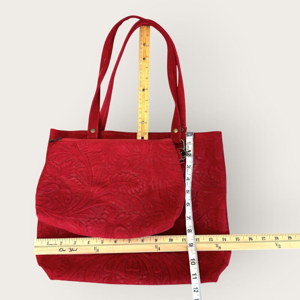Handmade Womens Genuine Suede Leather Shoulder Tote Bag with Cosmetic Purse Red - Picture 9 of 9